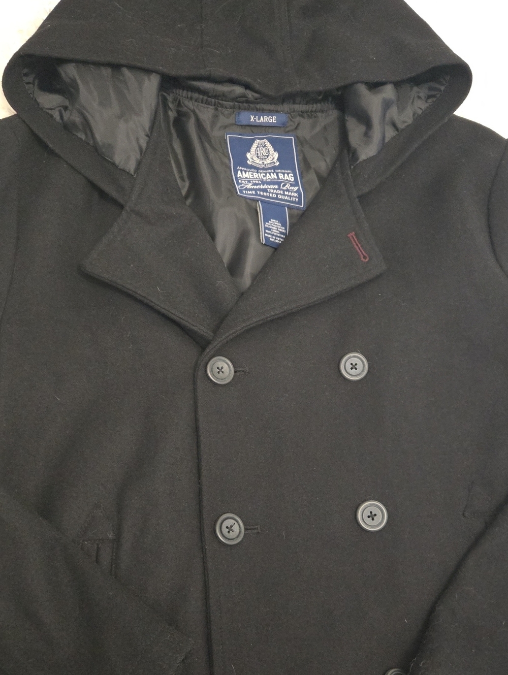 American Rag Mens Black Double-Breasted Hooded Peacoat Jacket Size XL